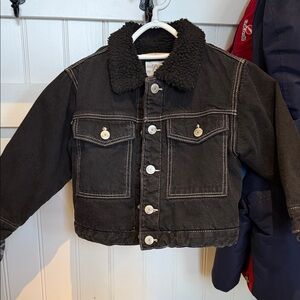 Zara Black Denim Jacket with Fleece Collar